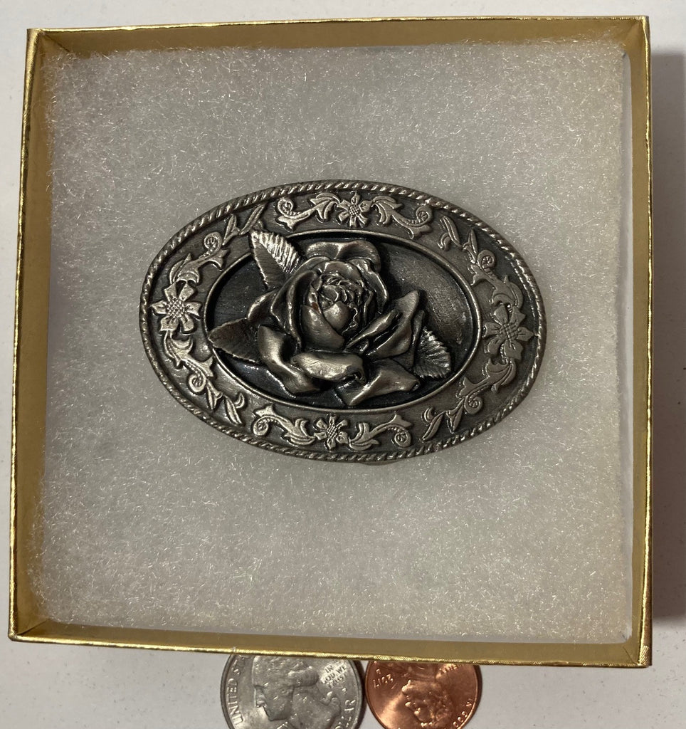 Vintage 1985 Metal Belt Buckle, Rose, Flower, Nice Western Design, 2 1/2" x 1 3/4", Heavy Duty, Quality, Thick Metal, Made in USA