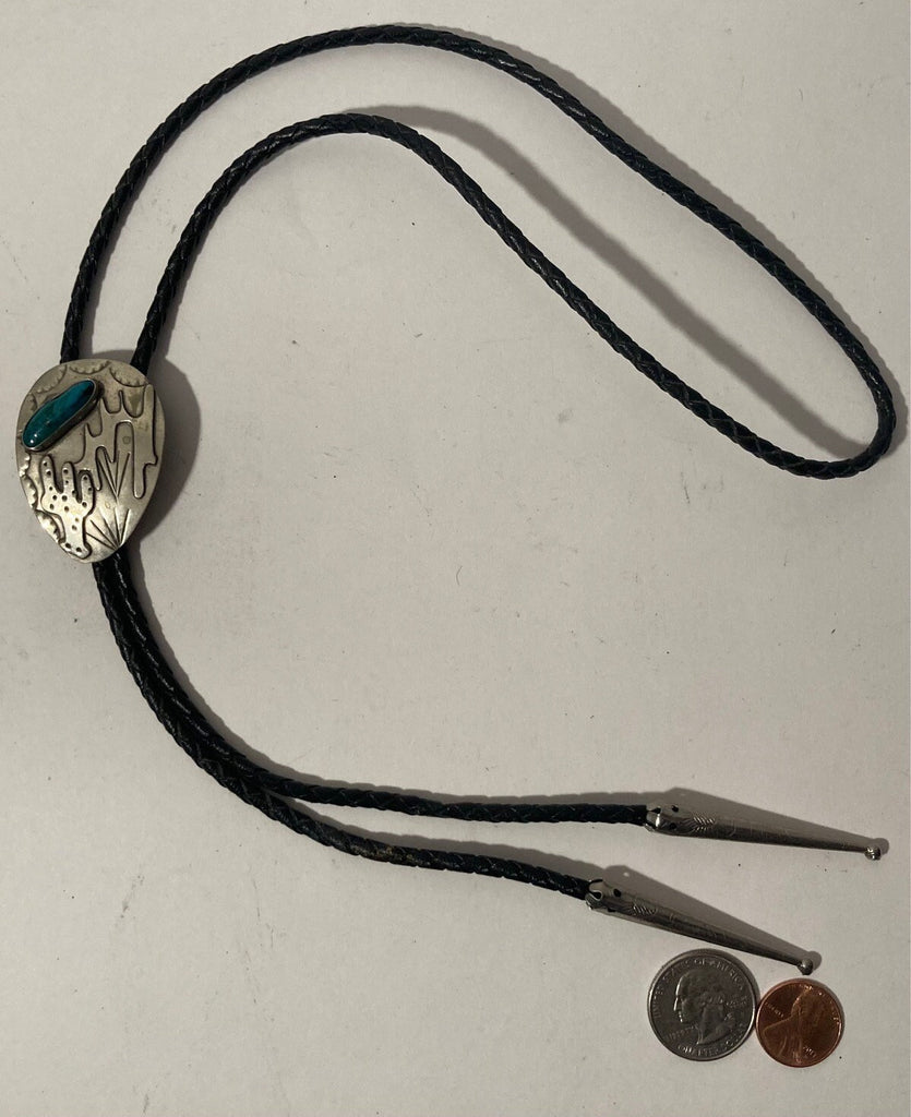 Vintage Metal Bolo Tie, Nice Silver and Turquoise Design, Cactus, Nice Western Design, 1 3/4" x 1 1/4", Quality, Heavy Duty, Made in USA