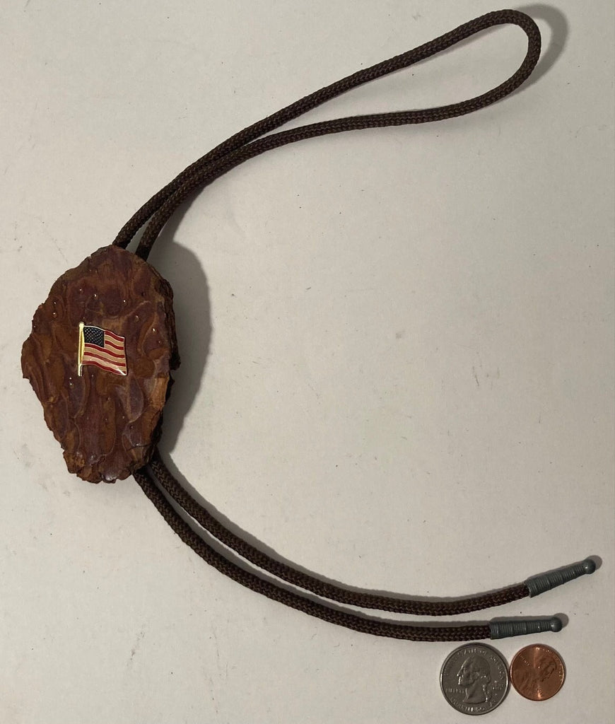 Vintage Wooden Bolo Tie, Nice Wood with American Flag Design, Nice Western Design, 3 1/4" x 2 1/4", Quality, Heavy Duty, Made in USA