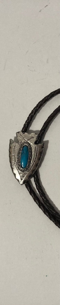 Vintage Metal Bolo Tie, Silver and Turquoise Arrowhead Design, Nice Western Design, 1 3/4" x 1 1/4", Quality, Heavy Duty, Made in USA