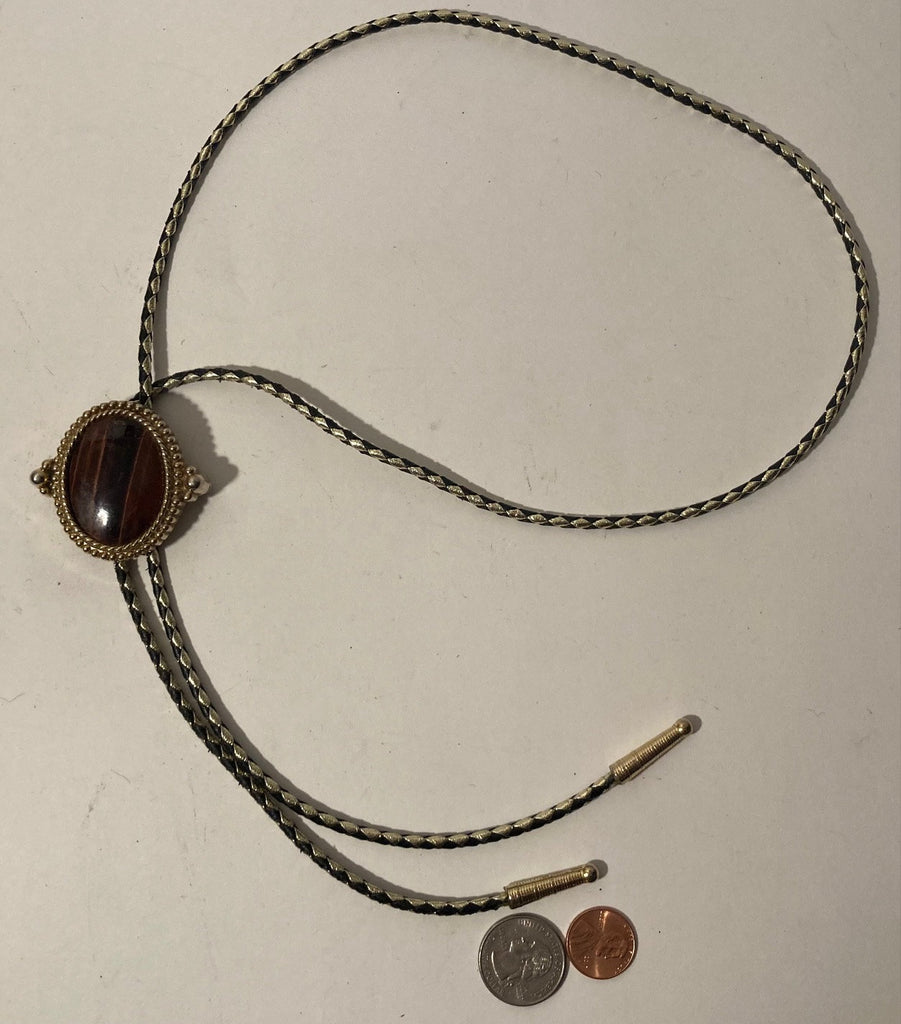 Vintage Metal Bolo Tie, Nice Brown Striped Stone Design, Nice Western Design, 2" x 2", Quality, Heavy Duty, Made in USA, Country & Western