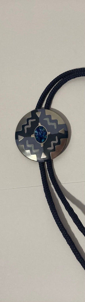 Vintage Metal Bolo Tie, Nice Blue Round Native Design, Nice Western Design, 2" x 2", Quality, Heavy Duty, Made in USA, Country & Western