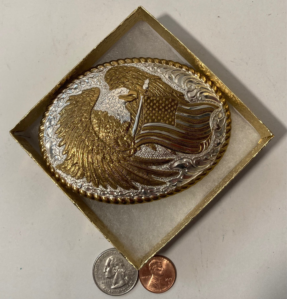 Vintage 2000 Metal Belt Buckle, Silver and Brass, Eagle and American Flag, Crumrine,   Nice Western Design, 3 3/4" x 2 3/4", Heavy Duty