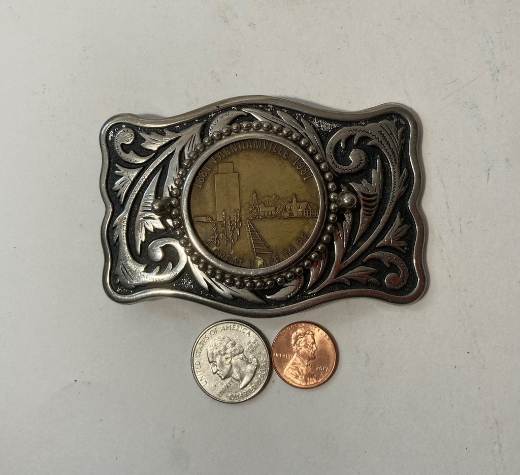 Vintage 1981 Metal Belt Buckle, Farmhamville, A Great Place To Be, Nice Western Design, 3 3/4" x 2 1/2", Heavy Duty, Quality, Thick Metal