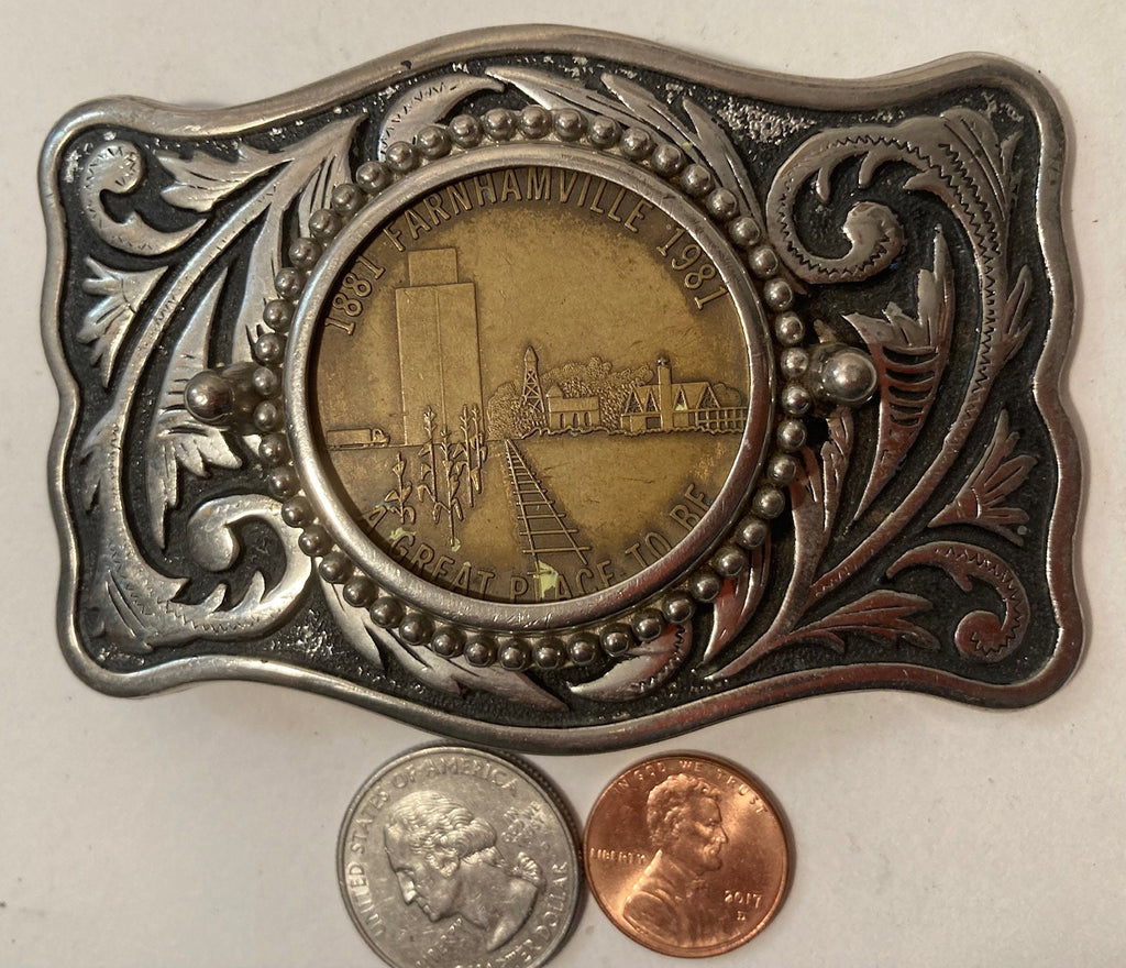 Vintage 1981 Metal Belt Buckle, Farmhamville, A Great Place To Be, Nice Western Design, 3 3/4" x 2 1/2", Heavy Duty, Quality, Thick Metal