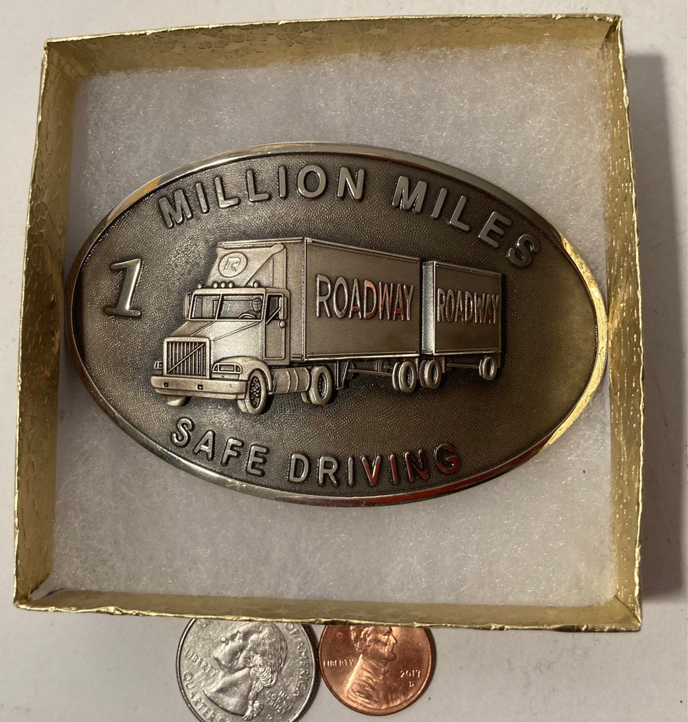 Vintage Metal Belt Buckle, Roadway, Trucking, 1 Million Miles Safe Driving, Nice Western Design, 3 1/2" x 2 1/4", Heavy Duty, Quality