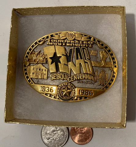 Vintage 1986 Metal Belt Buckle, 24KT Gold Plate, Texas 150th Anniversary, Nice Western Design, 3 1/4" x 2 1/4", Heavy Duty, Quality