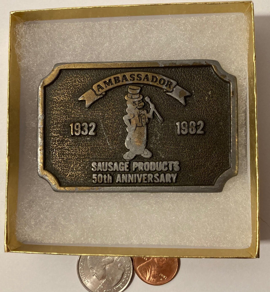 Vintage 1982 Metal Belt Buckle, Ambassador Sausage Products, Nice Western Design, 3" x 2", Heavy Duty, Quality, Thick Metal