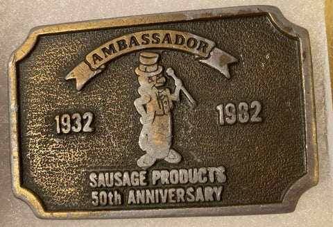 Vintage 1982 Metal Belt Buckle, Ambassador Sausage Products, Nice Western Design, 3" x 2", Heavy Duty, Quality, Thick Metal