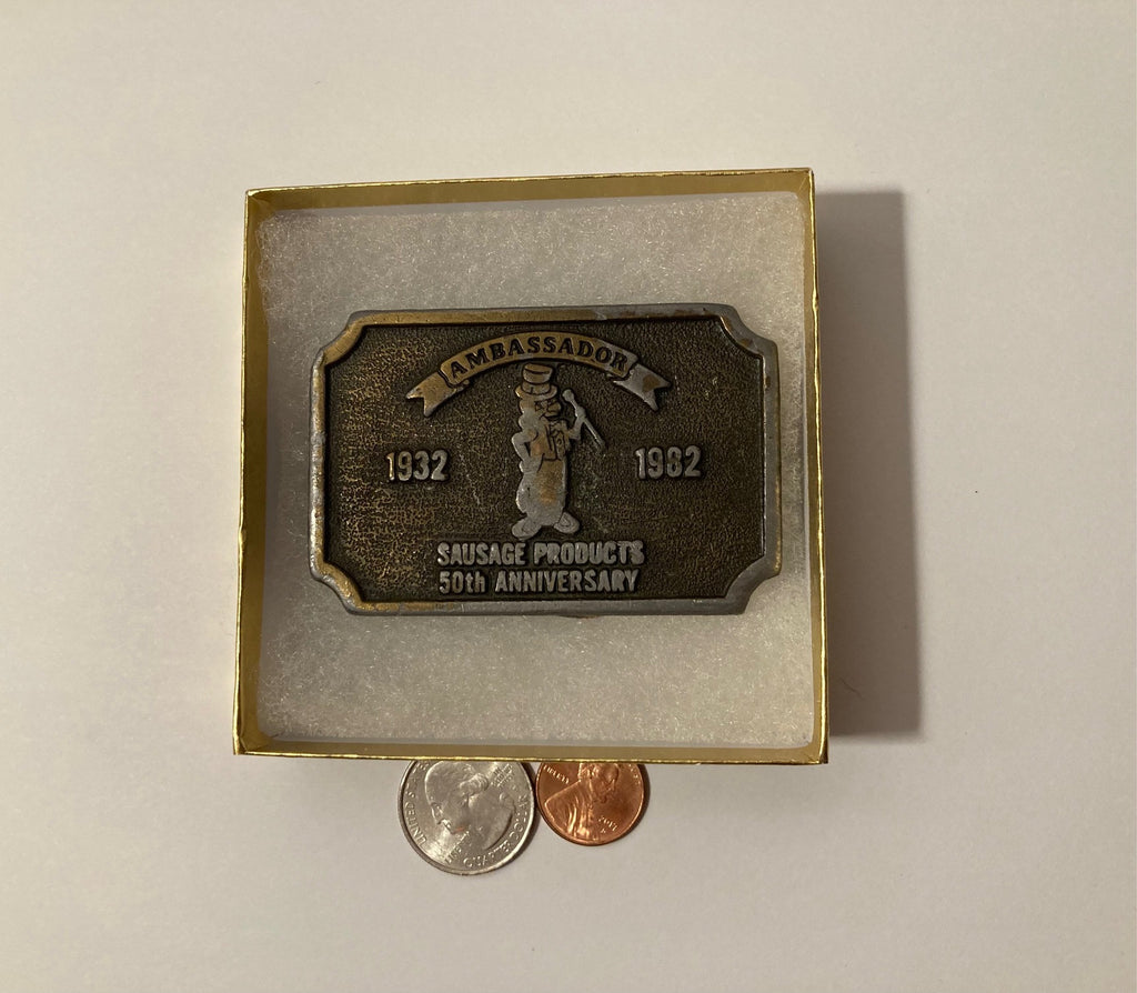 Vintage 1982 Metal Belt Buckle, Ambassador Sausage Products, Nice Western Design, 3" x 2", Heavy Duty, Quality, Thick Metal