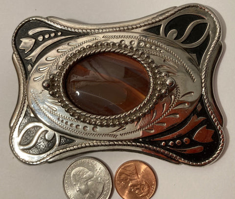 Vintage Metal Belt Buckle, Nice Brown Stripped Stone Design, Nice Western Design, 4" x 2 1/4", Heavy Duty, Quality, Thick Metal