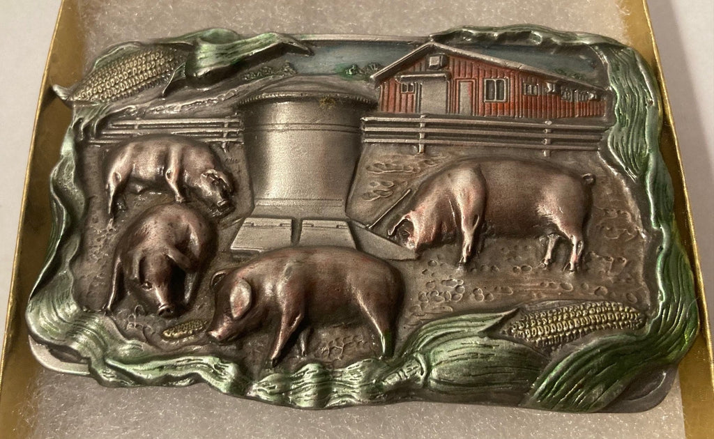 Vintage 1984 Metal Belt Buckle, Farm, Pigs, Sows, Pork, Ham, Livestock, AG, Nice Design, 3 1/2" x 2 1/4", Heavy Duty, Quality, Thick Metal