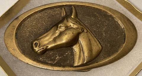 Vintage 1976 Metal Belt Buckle, Brass, Horse Head, Nice Design, 3 3/4" x 2", Heavy Duty, Quality, Thick Metal, Made in USA, For Belts