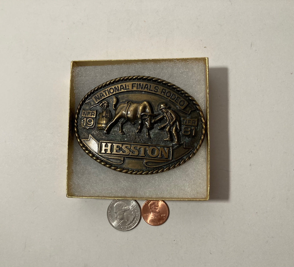 Vintage 1981 Metal Belt Buckle, Brass, Hesston, National Finals Rodeo, NFR, Nice Design, 3 1/2" x 2 1/2", Heavy Duty, Quality, Thick Metal