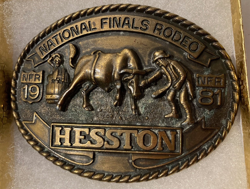 Vintage 1981 Metal Belt Buckle, Brass, Hesston, National Finals Rodeo, NFR, Nice Design, 3 1/2" x 2 1/2", Heavy Duty, Quality, Thick Metal