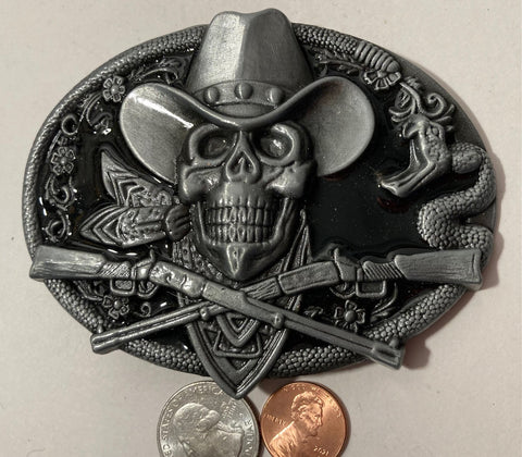 Vintage Metal Belt Buckle, Cowboy Skull, Bandit, Black Enamel, Nice Western Design, Bigger Size, 4 1/4" x 3 1/4", Heavy Duty, Quality