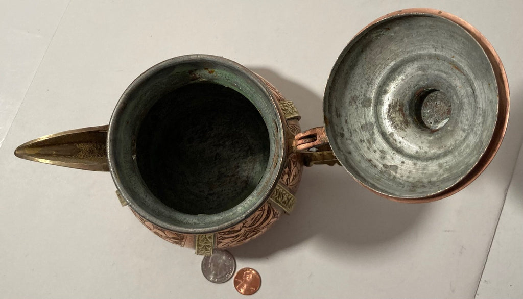 Vintage Copper and Brass Serving Pitcher, Turkish, Heavy Duty, Quality, Nice Etched Design, 7" x 8", Kitchen Deco, Table Decor