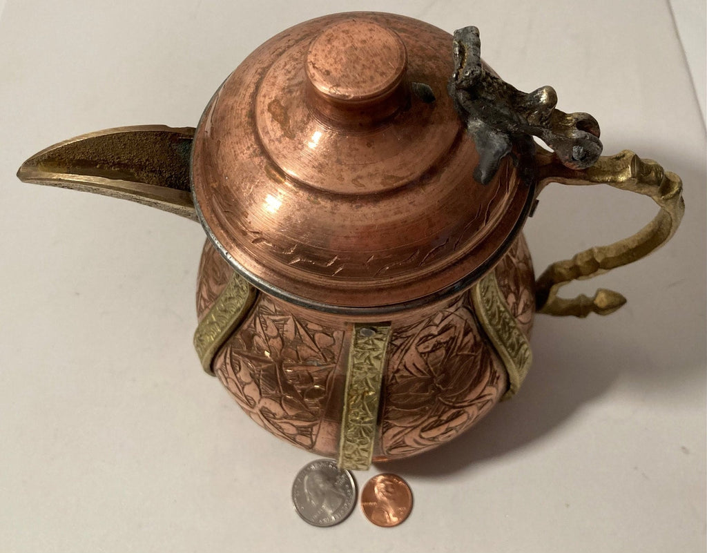 Vintage Copper and Brass Serving Pitcher, Turkish, Heavy Duty, Quality, Nice Etched Design, 7" x 8", Kitchen Deco, Table Decor
