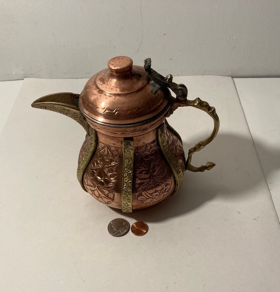 Vintage Copper and Brass Serving Pitcher, Turkish, Heavy Duty, Quality, Nice Etched Design, 7" x 8", Kitchen Deco, Table Decor