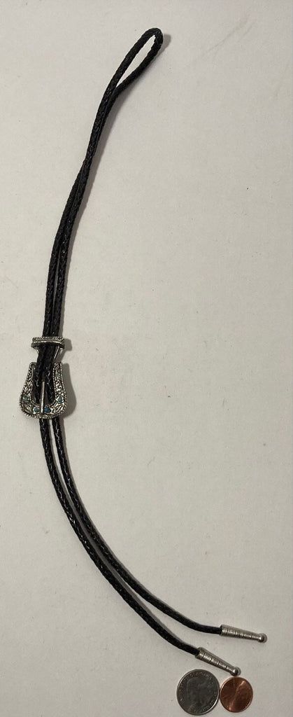 Vintage Metal Bolo Tie, Nice Buckle Design with Blue Accents, Nice Western Design, 1 3/4" x 1", Quality, Heavy Duty, Made in USA, Country