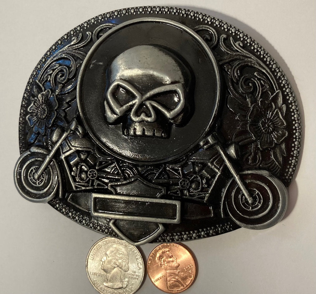 Vintage Metal Belt Buckle, Black Enamel, Skull, Biker, Motorcycle, Nice Western Design, 4" x 3 1/4", Heavy Duty, Quality, Thick Metal
