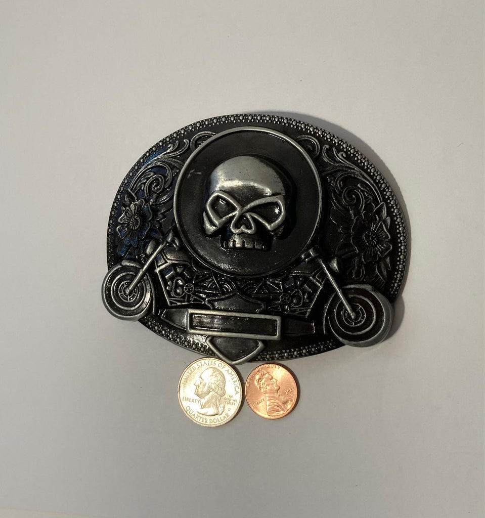 Vintage Metal Belt Buckle, Black Enamel, Skull, Biker, Motorcycle, Nice Western Design, 4" x 3 1/4", Heavy Duty, Quality, Thick Metal