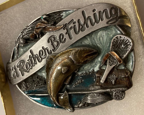 Vintage 1985 Metal Belt Buckle, I'd Rather Be Fishing, Enamel, Nice Western Design, 3 1/4" x 2 1/4", Heavy Duty, Quality, Thick Metal