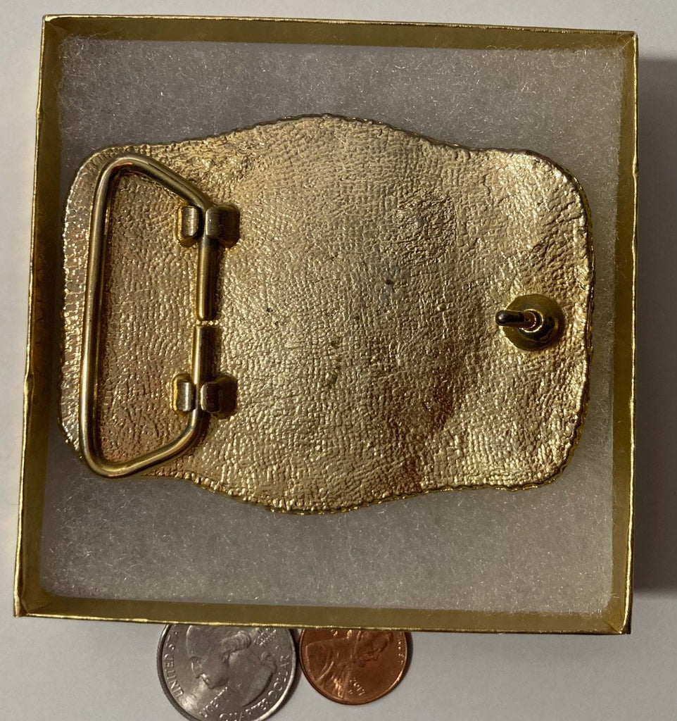 Vintage 1982 Metal Belt Buckle, Brass, Nice Horse Under Thick Epoxy, Nice Western Design, 3 1/4" x 2 1/2", Heavy Duty, Quality, Thick Metal