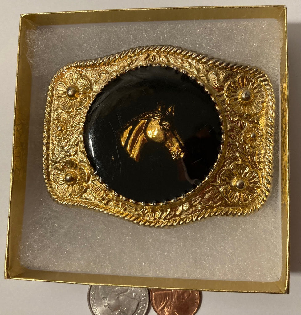 Vintage 1982 Metal Belt Buckle, Brass, Nice Horse Under Thick Epoxy, Nice Western Design, 3 1/4" x 2 1/2", Heavy Duty, Quality, Thick Metal