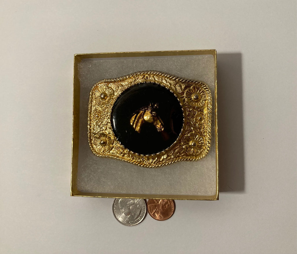 Vintage 1982 Metal Belt Buckle, Brass, Nice Horse Under Thick Epoxy, Nice Western Design, 3 1/4" x 2 1/2", Heavy Duty, Quality, Thick Metal