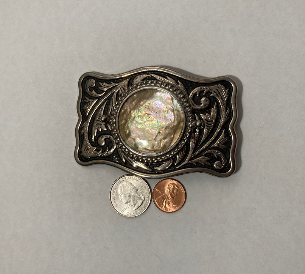 Vintage Metal Belt Buckle, Nice Abalone Design, Country & Western, 3 1/2" x 2 1/2", Made in USA, Quality, Heavy Duty, Fashion, Belts