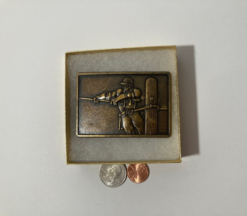 Vintage Metal Belt Buckle, Brass, Linesman, Telephone Poles, Utilities, Nice Western Design, 3" x 2", Heavy Duty, Quality