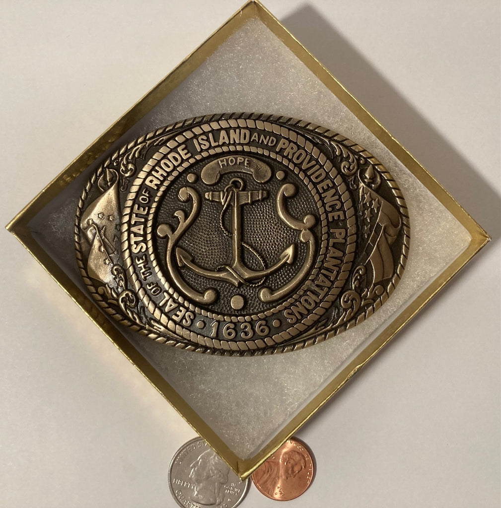 Vintage Metal Belt Buckle, Brass, Seal of the State of Rhode Island, Tony Lama, Nice Design, 3 3/4" x 2 3/4", Heavy Duty, Quality