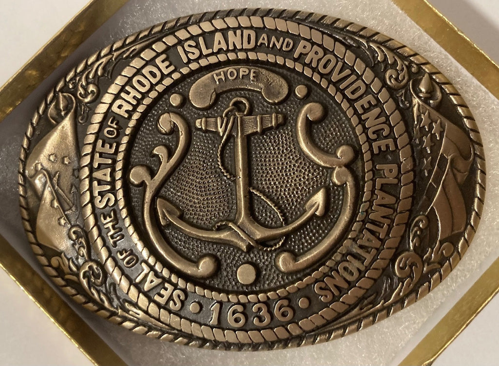 Vintage Metal Belt Buckle, Brass, Seal of the State of Rhode Island, Tony Lama, Nice Design, 3 3/4" x 2 3/4", Heavy Duty, Quality