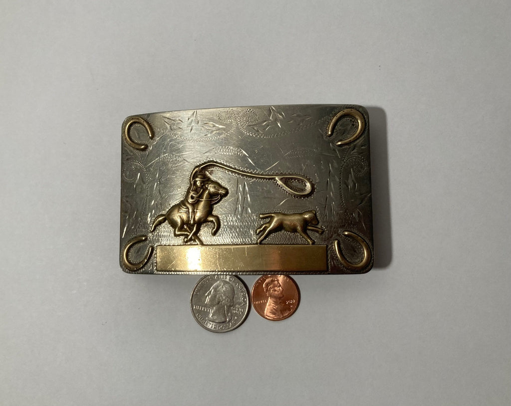 Vintage Metal Belt Buckle, Nickel Silver and Bronze, Ricardo, Calf Roping, Rodeo, Nice Design, 4" x 2 1/2", Heavy Duty, Quality, Thick Metal