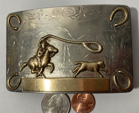 Vintage Metal Belt Buckle, Nickel Silver and Bronze, Ricardo, Calf Roping, Rodeo, Nice Design, 4" x 2 1/2", Heavy Duty, Quality, Thick Metal