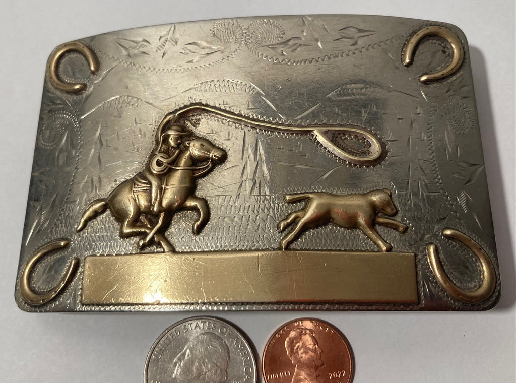 Vintage Metal Belt Buckle, Nickel Silver and Bronze, Ricardo, Calf Roping, Rodeo, Nice Design, 4" x 2 1/2", Heavy Duty, Quality, Thick Metal