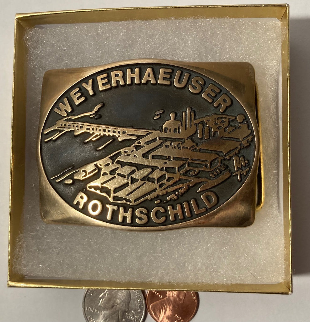 Vintage Metal Belt Buckle, Brass, Weyerhaeuser, Rothschild, Lumber, Trees, Nice Design, 3" x 2 1/4", Heavy Duty, Quality, Thick Metal