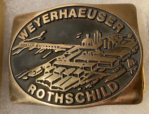 Vintage Metal Belt Buckle, Brass, Weyerhaeuser, Rothschild, Lumber, Trees, Nice Design, 3" x 2 1/4", Heavy Duty, Quality, Thick Metal