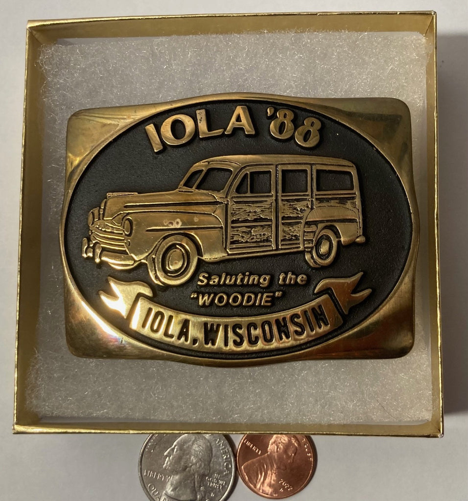 Vintage 1988 Metal Belt Buckle, Brass, Woodie, Automobile, Car, Iola, Wisconsin, Nice Design, 3 1/4" x 2 1/2", Heavy Duty, Quality