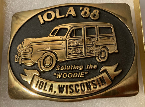 Vintage 1988 Metal Belt Buckle, Brass, Woodie, Automobile, Car, Iola, Wisconsin, Nice Design, 3 1/4" x 2 1/2", Heavy Duty, Quality