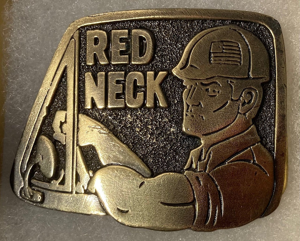 Vintage 1979 Metal Belt Buckle, Red Neck, Redneck, Hardhat, Nice Design, 3" x 2 1/2", Heavy Duty, Quality, Thick Metal, Made in USA