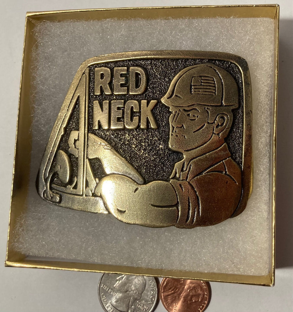 Vintage 1979 Metal Belt Buckle, Red Neck, Redneck, Hardhat, Nice Design, 3" x 2 1/2", Heavy Duty, Quality, Thick Metal, Made in USA