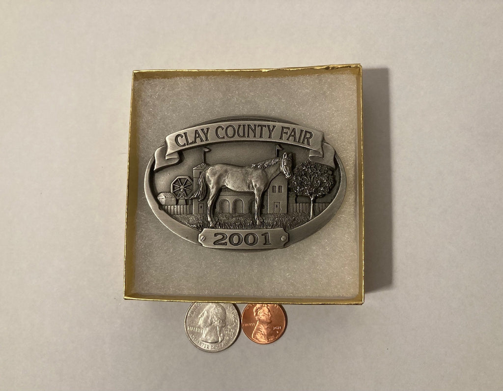 Vintage 2001 Metal Belt Buckle, Clay County Fair, Twin Towers, Nice Design, 3" x 2 314", Heavy Duty, Quality, Thick Metal, Made in USA