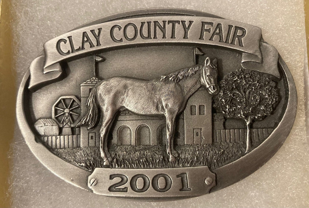 Vintage 2001 Metal Belt Buckle, Clay County Fair, Twin Towers, Nice Design, 3" x 2 314", Heavy Duty, Quality, Thick Metal, Made in USA