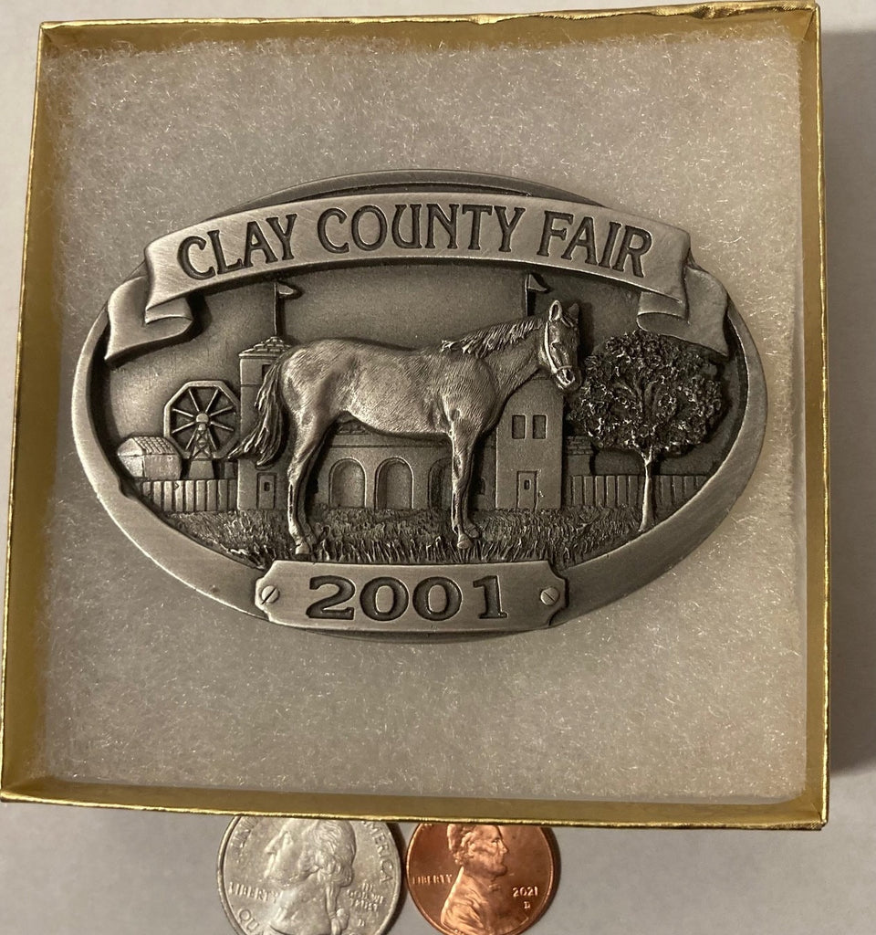 Vintage 2001 Metal Belt Buckle, Clay County Fair, Twin Towers, Nice Design, 3" x 2 314", Heavy Duty, Quality, Thick Metal, Made in USA