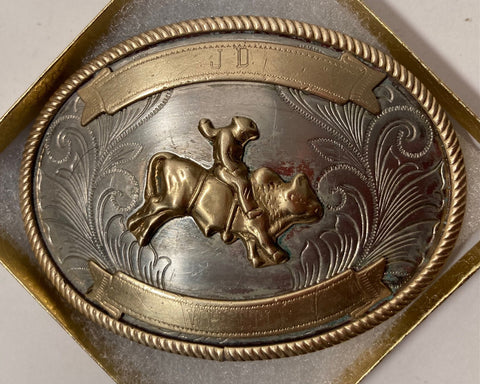 Vintage Metal Belt Buckle, German Silver and Brass, Bull Riding, JD Whittle, Nice Western Design, 3 3/4" x 2 3/4", Heavy Duty, Quality