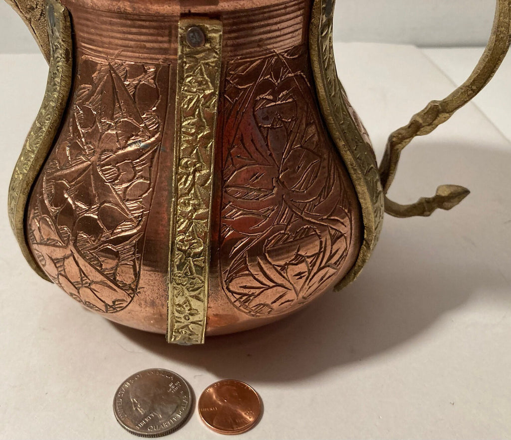Vintage Copper and Brass Serving Pitcher, Turkish, Heavy Duty, Quality, Nice Etched Design, 7" x 8", Kitchen Deco, Table Decor