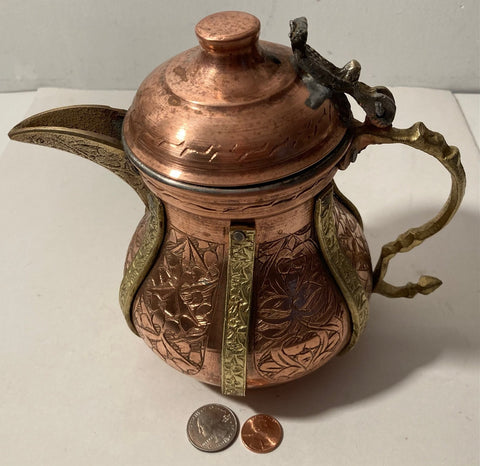 Vintage Copper and Brass Serving Pitcher, Turkish, Heavy Duty, Quality, Nice Etched Design, 7" x 8", Kitchen Deco, Table Decor