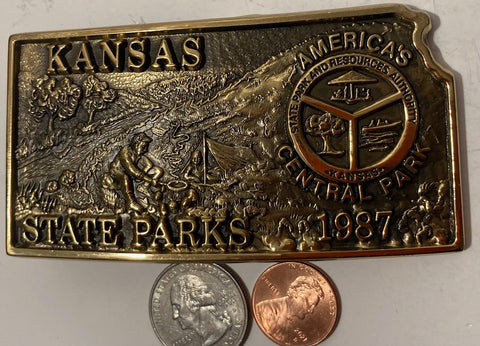 Vintage 1987 Metal Belt Buckle, Brass, Kansas State Parks, America's Central Park, States Park and Resource Authority, Nice Design